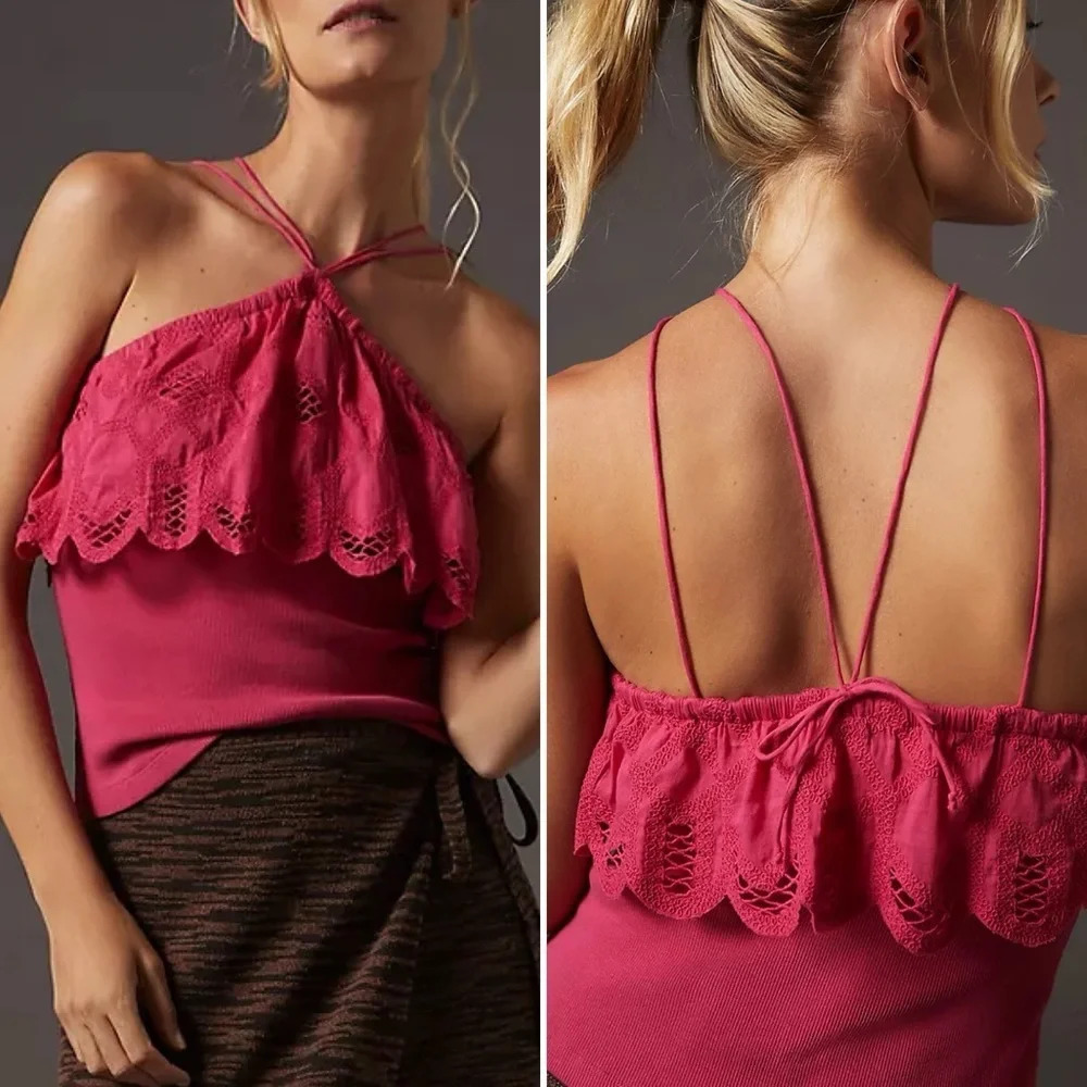 Anthropologie Ruffled Embroidered Halter Tank Pink Sz Medium